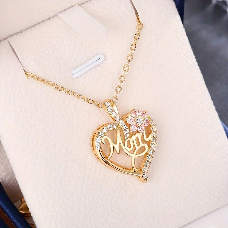 Mom Heart Pendant Necklace with Rose Gift Box for Mom Birthday Christmas Romantic Gift 2023 New in Fashion Luxury Zirocn Jewelry