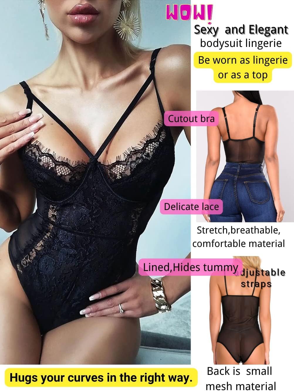 See through Lingerie,V-Neck Lace Babydoll,Sexy Lingerie Women,One Piece Bodysuit