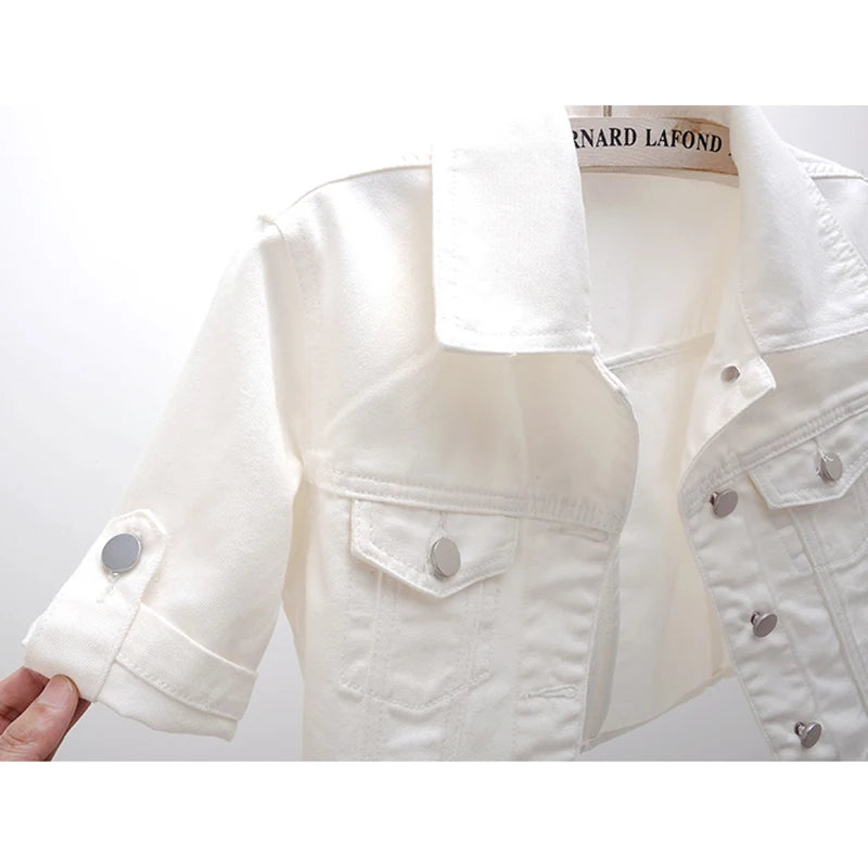 Summer Korean Fashion White Short Denim Jacket Coat Women Thin Slim Outerwear Half Sleeve Jeans Jackets Female Chaquetas Mujer