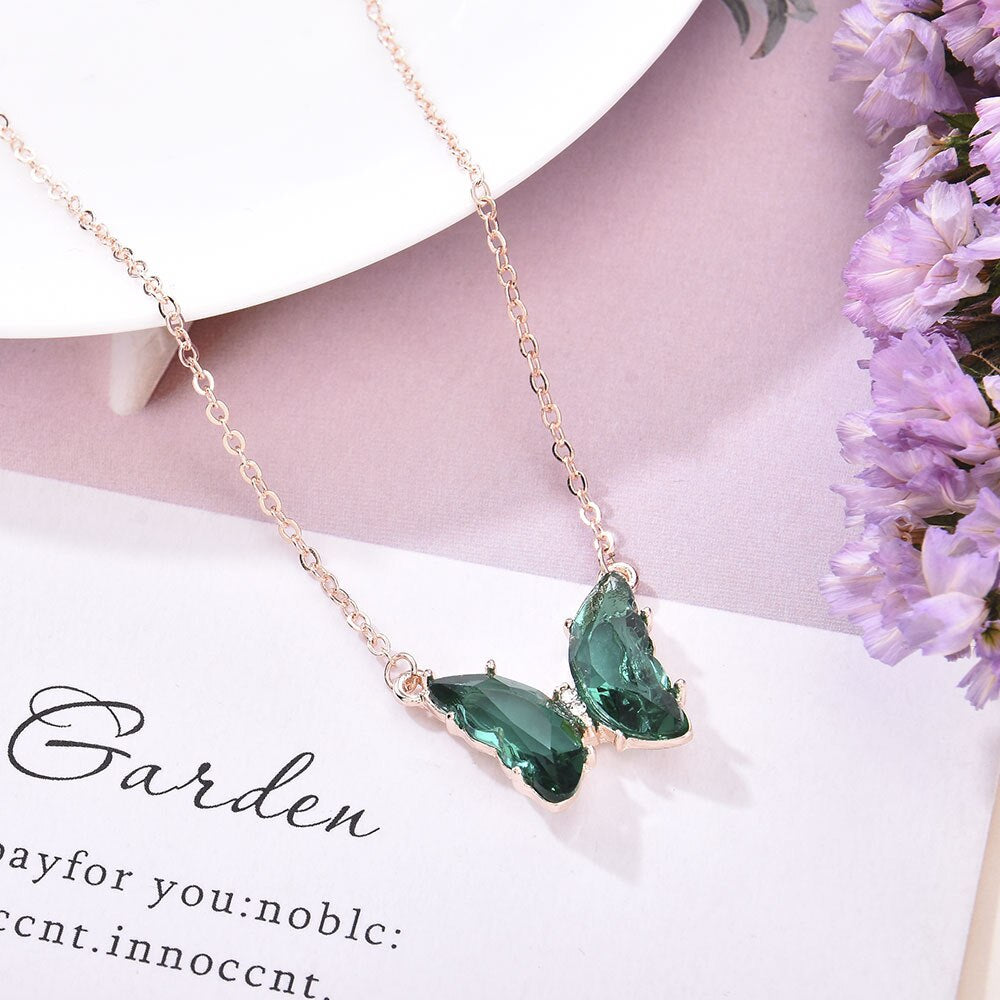 New Korean Super Fairy for Girls Women Fantasy Glass Crystal Butterfly Pendant Necklace Clavicle Chain Popular Necklaces Gift