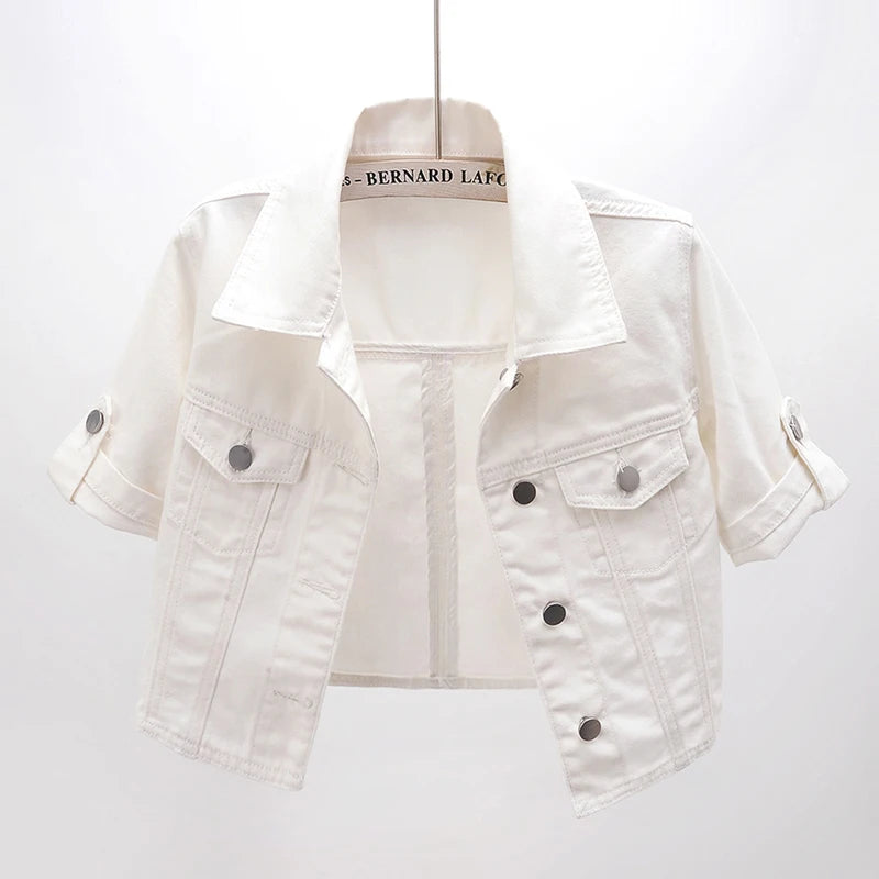 Summer Korean Fashion White Short Denim Jacket Coat Women Thin Slim Outerwear Half Sleeve Jeans Jackets Female Chaquetas Mujer